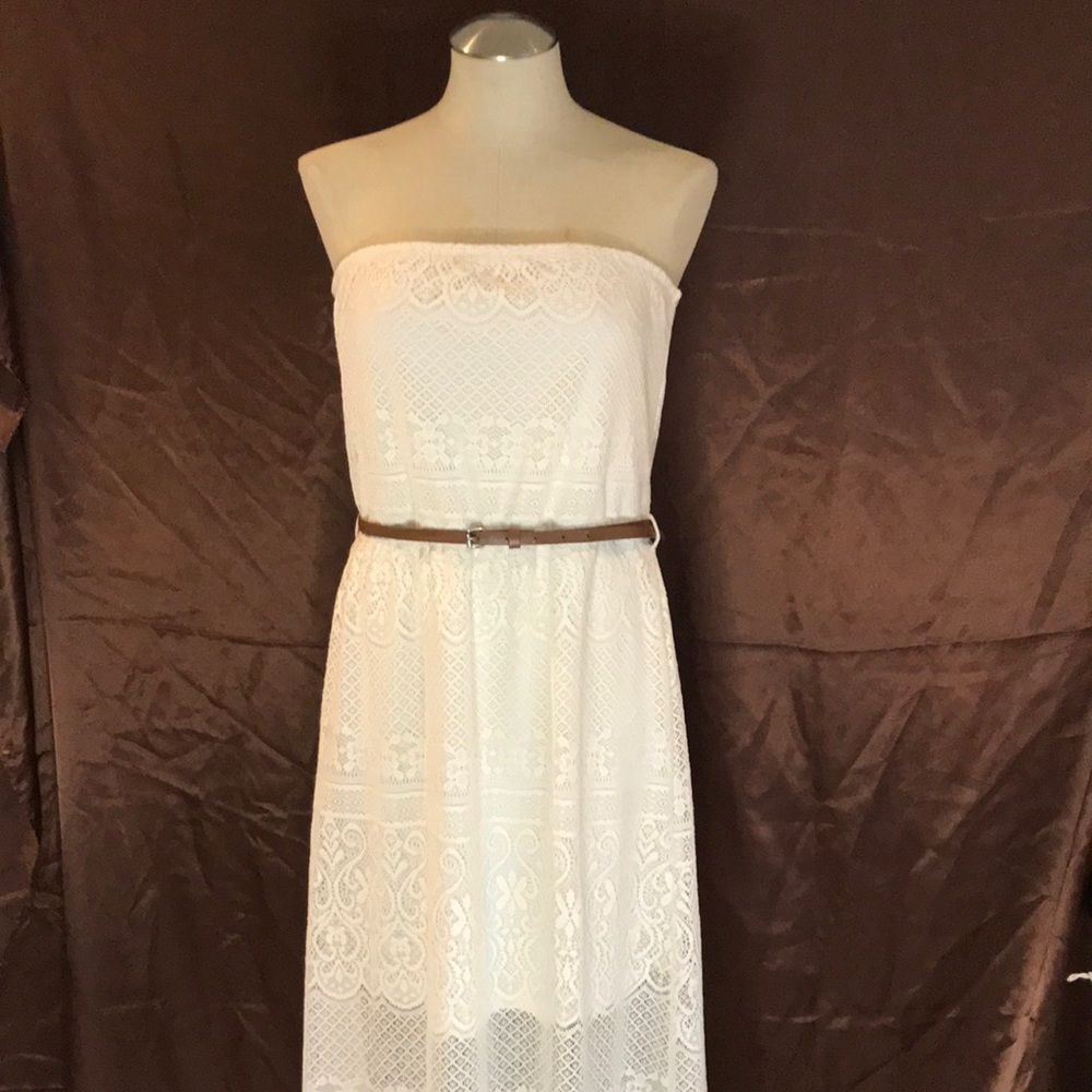 Just be, cream crochet strapless long dress lined brown belt size L cottagecore